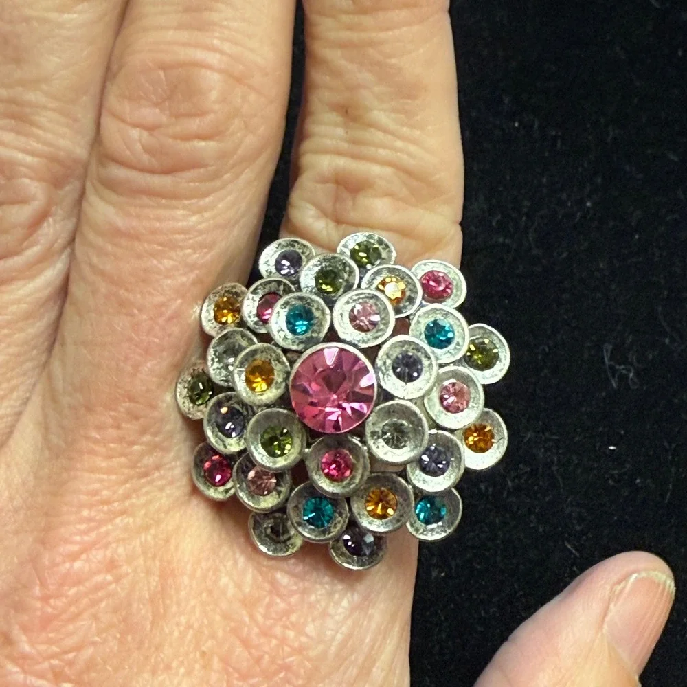 Multicolor Rhinestone Cluster Stretch‎ Cocktail Ring Antiqued Silver Tone Domed